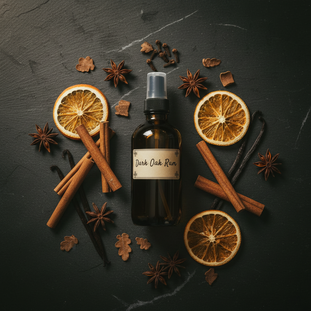 Dark Oak Rum Body Mist – Flat Lay